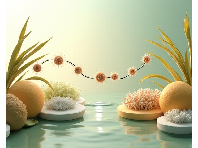 発酵プロセスを図解したイラスト。微生物が様々な天然成分を分解し、新たな有効成分が生成される様子が、分子量の変化とともに描かれている。明るいスタジオ照明。
